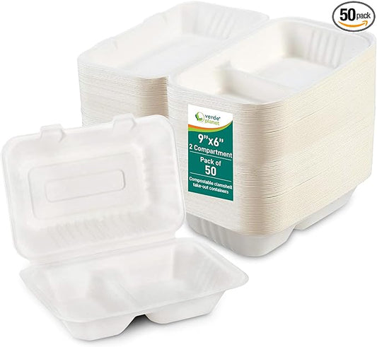 Clamshell Take Out Containers - 100% Natural Bagasse Sugarcane Fiber - Disposable Food Containers with Hinge Lids - Heavy-Duty To Go Boxes for Food - (10" X 10", 3-Compartment, 50-Pack)