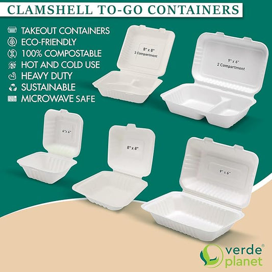 Clamshell Take Out Containers - 100% Natural Bagasse Sugarcane Fiber - Disposable Food Containers with Hinge Lids - Heavy-Duty To Go Boxes for Food - (10" X 10", 3-Compartment, 50-Pack)