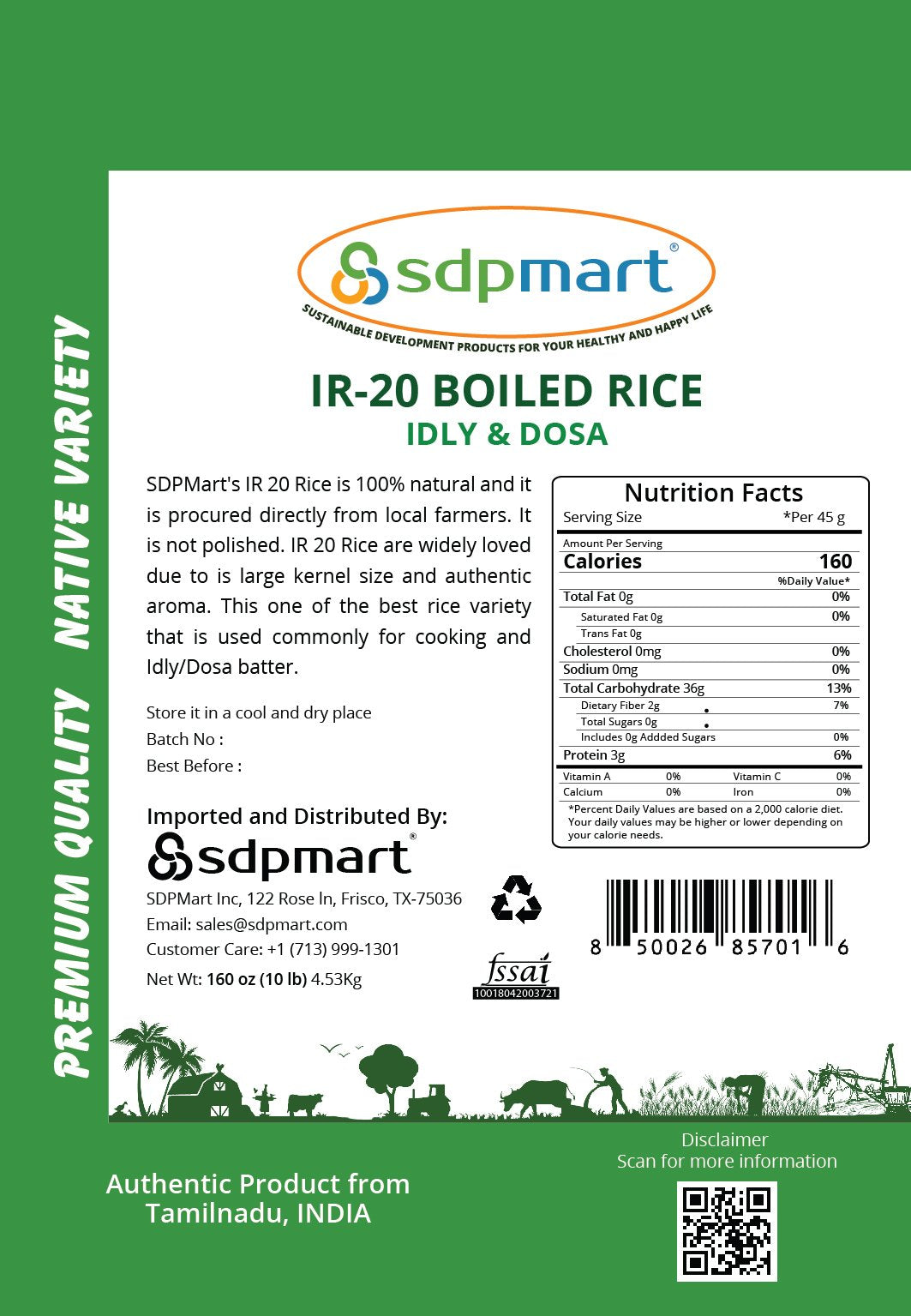 PREMIUM BOILED IR20 IDLY RICE - 10 LBS